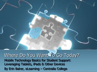 Where Do You Want To Go Today?
Mobile Technology Basics for Student Support:
Leveraging Tablets, iPads & Other Devices
By Erin Baker, eLearning – Centralia College
 