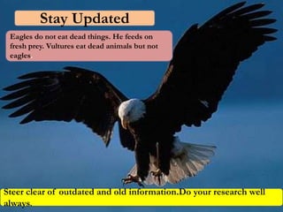 Stay Updated
 Eagles do not eat dead things. He feeds on
 fresh prey. Vultures eat dead animals but not
 eagles.




Steer clear of outdated and old information.Do your research well
always.
 