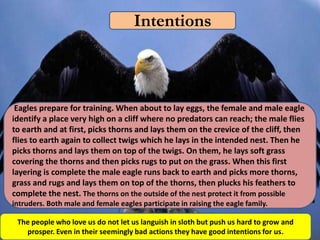 Intentions



 Eagles prepare for training. When about to lay eggs, the female and male eagle
identify a place very high on a cliff where no predators can reach; the male flies
to earth and at first, picks thorns and lays them on the crevice of the cliff, then
flies to earth again to collect twigs which he lays in the intended nest. Then he
picks thorns and lays them on top of the twigs. On them, he lays soft grass
covering the thorns and then picks rugs to put on the grass. When this first
layering is complete the male eagle runs back to earth and picks more thorns,
grass and rugs and lays them on top of the thorns, then plucks his feathers to
complete the nest. The thorns on the outside of the nest protect it from possible
intruders. Both male and female eagles participate in raising the eagle family.

 The people who love us do not let us languish in sloth but push us hard to grow and
   prosper. Even in their seemingly bad actions they have good intentions for us.
 