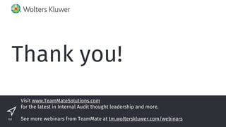 Visit www.TeamMateSolutions.com
for the latest in Internal Audit thought leadership and more.
See more webinars from TeamMate at tm.wolterskluwer.com/webinars
Thank you!
122
 