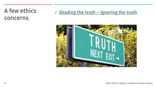 A few ethics
concerns
✓ Shading the truth – ignoring the truth
Where ethics, integrity, compliance & audit intersect
31
 