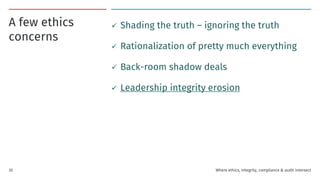 A few ethics
concerns
✓ Shading the truth – ignoring the truth
✓ Rationalization of pretty much everything
✓ Back-room shadow deals
✓ Leadership integrity erosion
Where ethics, integrity, compliance & audit intersect
35
 