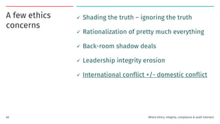 A few ethics
concerns
✓ Shading the truth – ignoring the truth
✓ Rationalization of pretty much everything
✓ Back-room shadow deals
✓ Leadership integrity erosion
✓ International conflict +/- domestic conflict
Where ethics, integrity, compliance & audit intersect
60
 