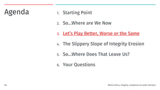 1. Starting Point
2. So…Where are We Now
3. Let’s Play Better, Worse or the Same
4. The Slippery Slope of Integrity Erosion
5. So…Where Does That Leave Us?
6. Your Questions
Agenda
Where ethics, integrity, compliance & audit intersect
68
 