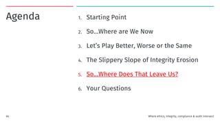 1. Starting Point
2. So…Where are We Now
3. Let’s Play Better, Worse or the Same
4. The Slippery Slope of Integrity Erosion
5. So…Where Does That Leave Us?
6. Your Questions
Agenda
Where ethics, integrity, compliance & audit intersect
84
 