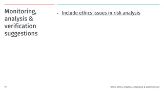 Monitoring,
analysis &
verification
suggestions
• Include ethics issues in risk analysis
Where ethics, integrity, compliance & audit intersect
91
 