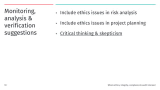 Monitoring,
analysis &
verification
suggestions
• Include ethics issues in risk analysis
• Include ethics issues in project planning
• Critical thinking & skepticism
93 Where ethics, integrity, compliance & audit intersect
 