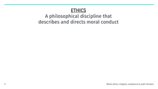 ETHICS
A philosophical discipline that
describes and directs moral conduct
Where ethics, integrity, compliance & audit intersect
9
 