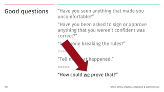 Good questions “Have you seen anything that made you
uncomfortable?”
“Have you been asked to sign or approve
anything that you weren’t confident was
correct?”
“Is anyone breaking the rules?”
=====
“Tell me what happened.”
=====
“How could we prove that?”
105 Where ethics, integrity, compliance & audit intersect
 