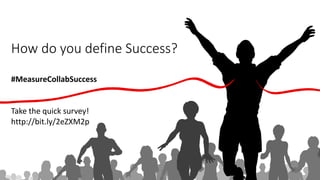 How do you define Success?
#MeasureCollabSuccess
Take the quick survey!
http://bit.ly/2eZXM2p
 