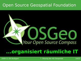 Open Source Geospatial Foundation




     ...organisiert räumliche IT
2009-11-26 Stuttgart   7. Sitzung der AG Geoportal   14/23
 