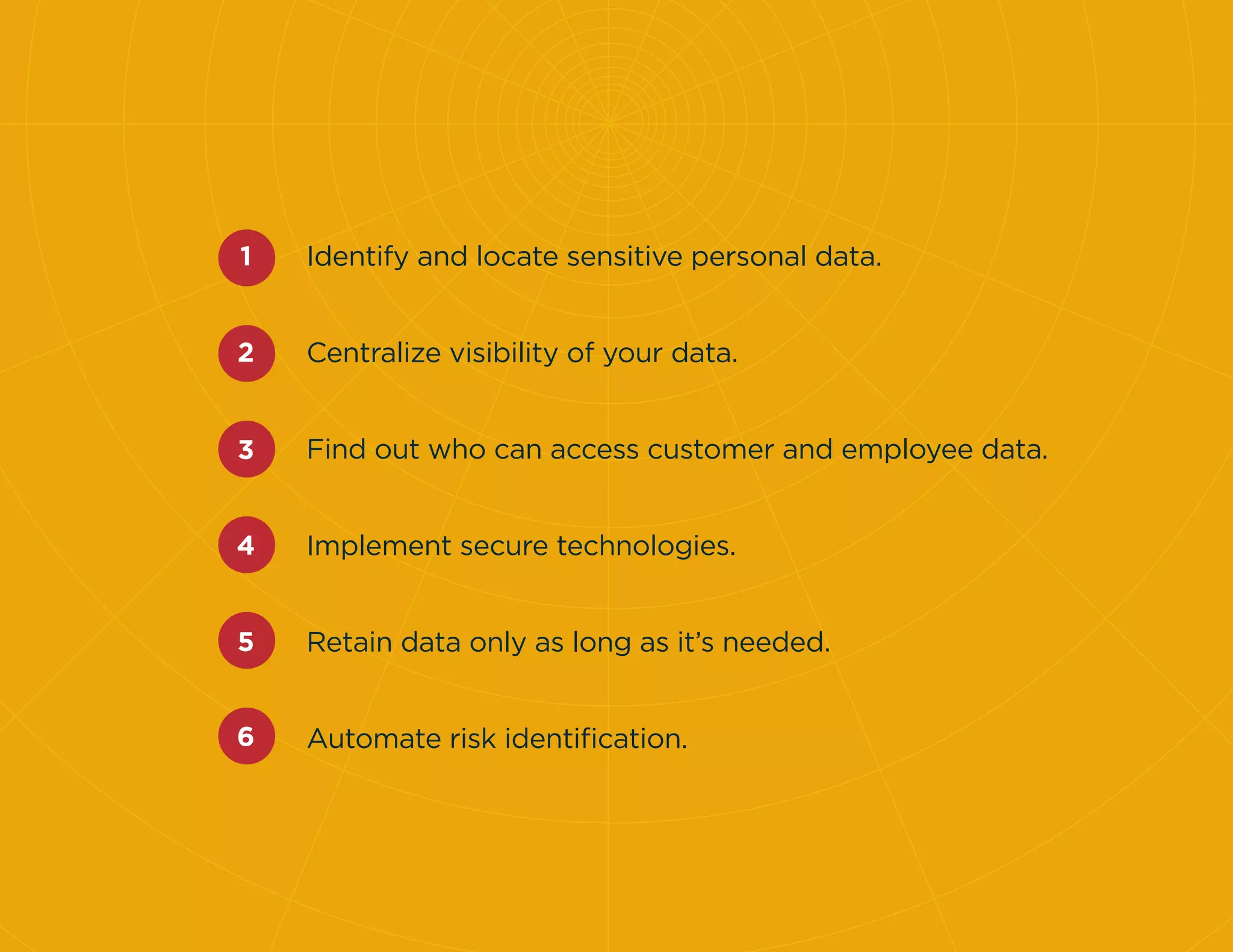 Identify and locate sensitive personal data.
Centralize visibility of your data.
Find out who can access customer and employee data.
Implement secure technologies.
Retain data only as long as it’s needed.
Automate risk identiﬁcation.
 