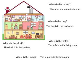 Where is the mirror?

                                          The mirror is in the bathroom.



                                       Where is the dog?
                                      The dog is in the bedroom.




                                        Where is the sofa?
Where is the clock?
                                        The sofa is in the living room.
The clock is in the kitchen.


            Where is the lamp?   The lamp is in the bedroom.
 