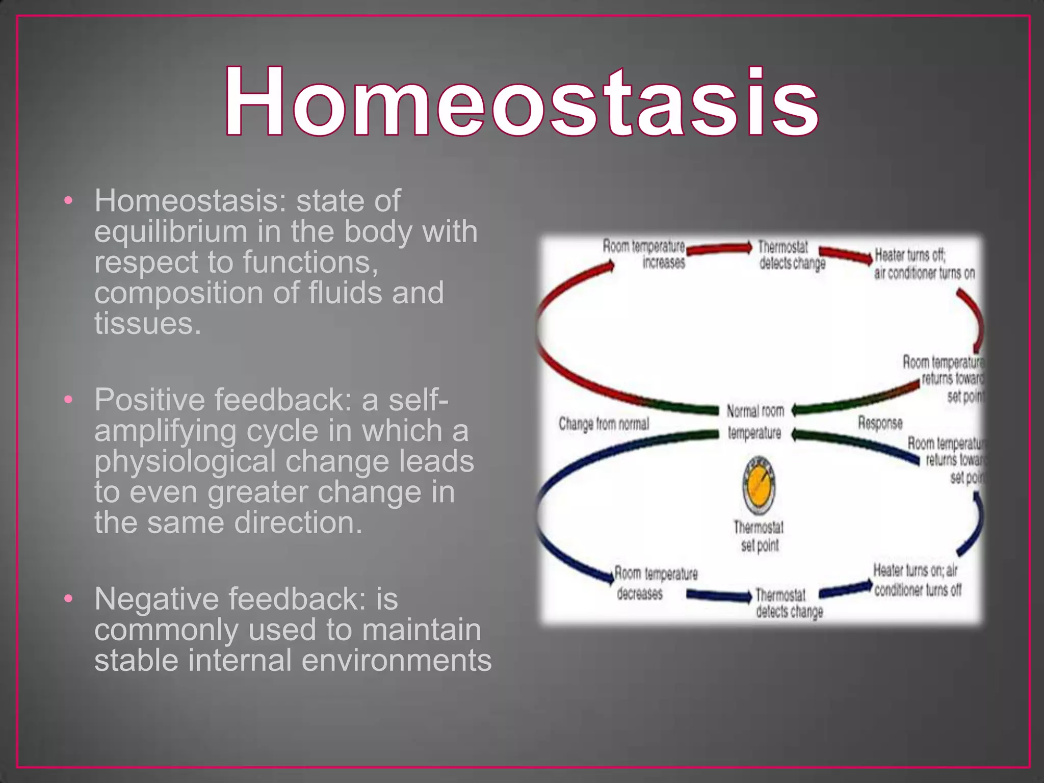 • Homeostasis: state of
  equilibrium in the body with
  respect to functions,
  composition of fluids and
  tissues.

• Positive feedback: a self-
  amplifying cycle in which a
  physiological change leads
  to even greater change in
  the same direction.

• Negative feedback: is
  commonly used to maintain
  stable internal environments
 