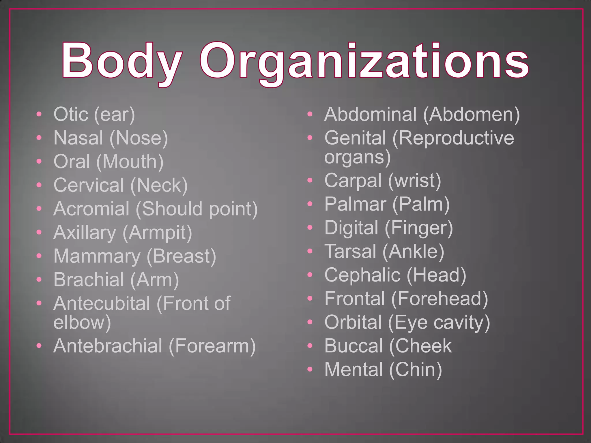 • Otic (ear)                • Abdominal (Abdomen)
• Nasal (Nose)              • Genital (Reproductive
• Oral (Mouth)                organs)
• Cervical (Neck)           • Carpal (wrist)
• Acromial (Should point)   • Palmar (Palm)
• Axillary (Armpit)         • Digital (Finger)
• Mammary (Breast)          • Tarsal (Ankle)
• Brachial (Arm)            • Cephalic (Head)
• Antecubital (Front of     • Frontal (Forehead)
  elbow)                    • Orbital (Eye cavity)
• Antebrachial (Forearm)    • Buccal (Cheek
                            • Mental (Chin)
 