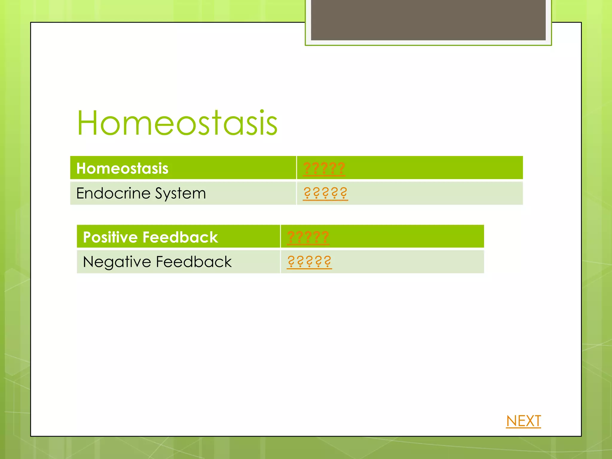 Homeostasis
Homeostasis          ?????
Endocrine System     ?????

Positive Feedback   ?????
Negative Feedback   ?????




                             NEXT
 