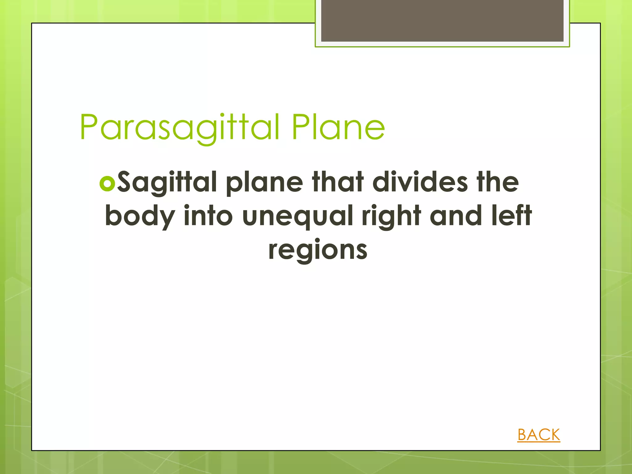 Parasagittal Plane
 Sagittalplane that divides the
 body into unequal right and left
             regions




                               BACK
 