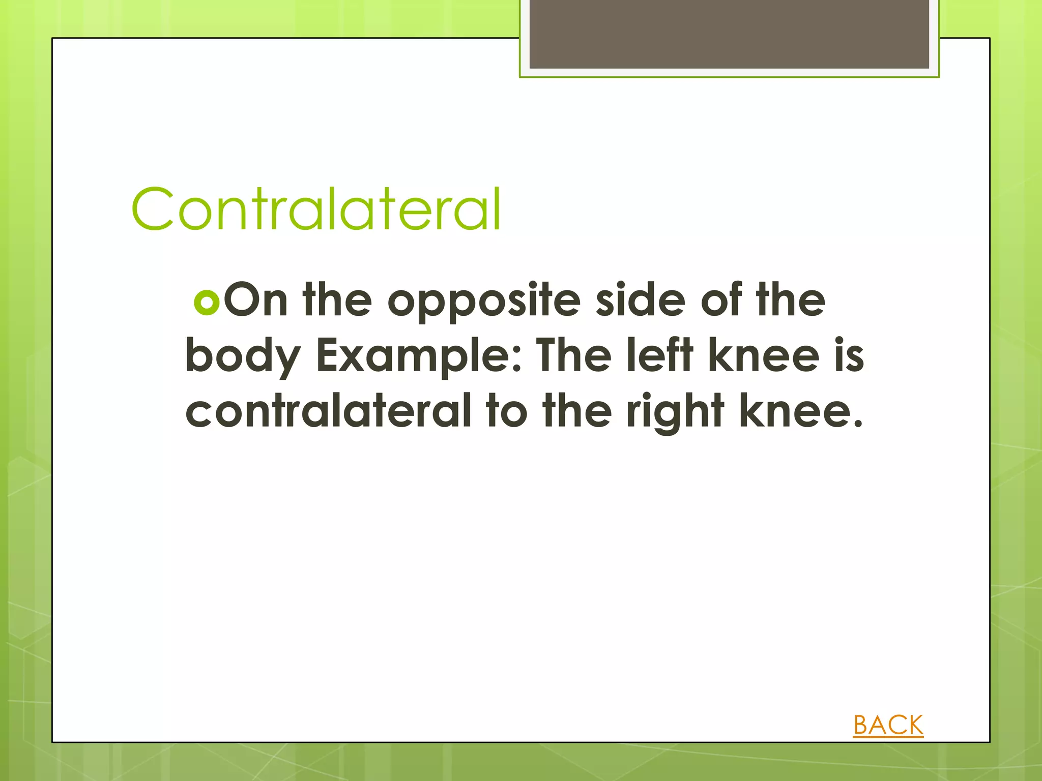 Contralateral
  On the opposite side of the
 body Example: The left knee is
 contralateral to the right knee.




                                BACK
 