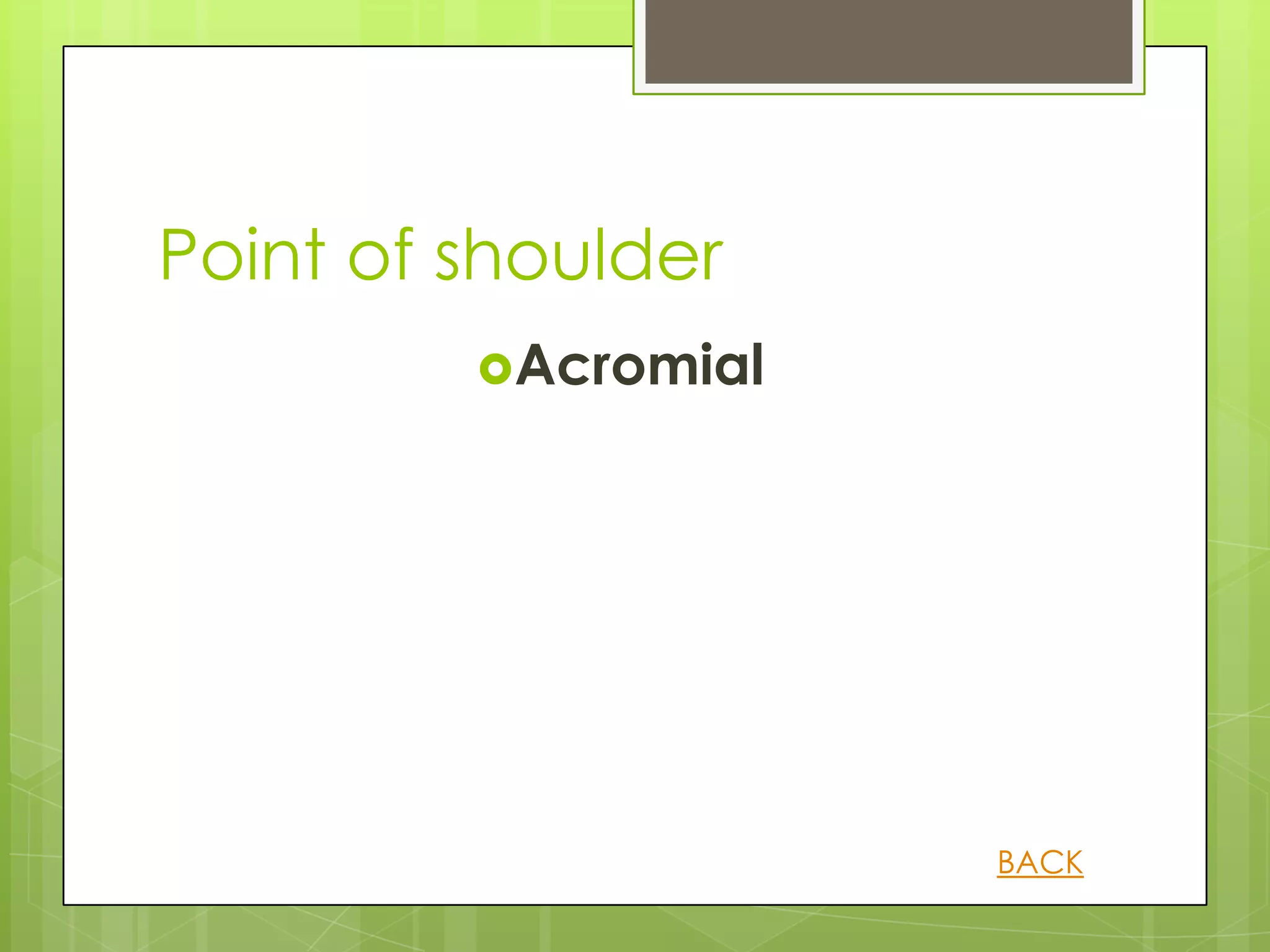 Point of shoulder
         Acromial




                     BACK
 
