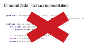 private ConcurrentHashMap<String, String> cache =
new ConcurrentHashMap<>();
private String processRequest(String request) {
if (cache.contains(request)) {
return cache.get(request);
}
String response = process(request);
cache.put(request, response);
return response;
}
Embedded Cache (Pure Java implementation)
 