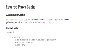Reverse Proxy Cache
@CacheEvict(value = "someValue", allEntries = true)
public void evictAllCacheValues() {}
Application Cache:
Proxy Cache:
http {
...
location / {
add_header Cache-Control public;
expires 86400;
etag on;
}
}
 