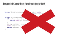 private ConcurrentHashMap<String, String> cache =
new ConcurrentHashMap<>();
private String processRequest(String request) {
if (cache.contains(request)) {
return cache.get(request);
}
String response = process(request);
cache.put(request, response);
return response;
}
Embedded Cache (Pure Java implementation)
 