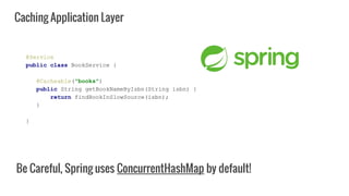 Caching Application Layer
@Service
public class BookService {
@Cacheable("books")
public String getBookNameByIsbn(String isbn) {
return findBookInSlowSource(isbn);
}
}
Be Careful, Spring uses ConcurrentHashMap by default!
 