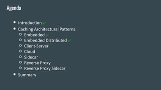 ● Introduction ✔
● Caching Architectural Patterns
○ Embedded ✔
○ Embedded Distributed ✔
○ Client-Server
○ Cloud
○ Sidecar
○ Reverse Proxy
○ Reverse Proxy Sidecar
● Summary
Agenda
 