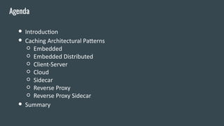 ● Introduction
● Caching Architectural Patterns
○ Embedded
○ Embedded Distributed
○ Client-Server
○ Cloud
○ Sidecar
○ Reverse Proxy
○ Reverse Proxy Sidecar
● Summary
Agenda
 