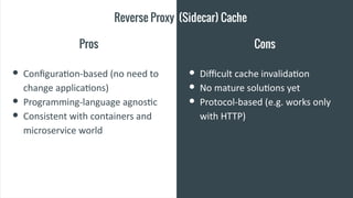 Reverse Proxy (Sidecar) Cache
Pros Cons
● Configuration-based (no need to
change applications)
● Programming-language agnostic
● Consistent with containers and
microservice world
● Difficult cache invalidation
● No mature solutions yet
● Protocol-based (e.g. works only
with HTTP)
 