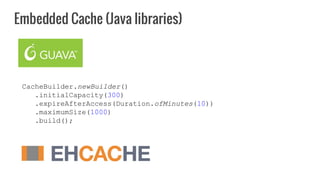 Embedded Cache (Java libraries)
CacheBuilder.newBuilder()
.initialCapacity(300)
.expireAfterAccess(Duration.ofMinutes(10))...