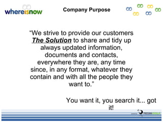 [object Object],“ We strive to provide our customers  The Solution  to share and tidy up always updated information, documents and contacts, everywhere they are, any time since, in any format, whatever they contain and with all the people they want to.” You want it, you search it... got it! 