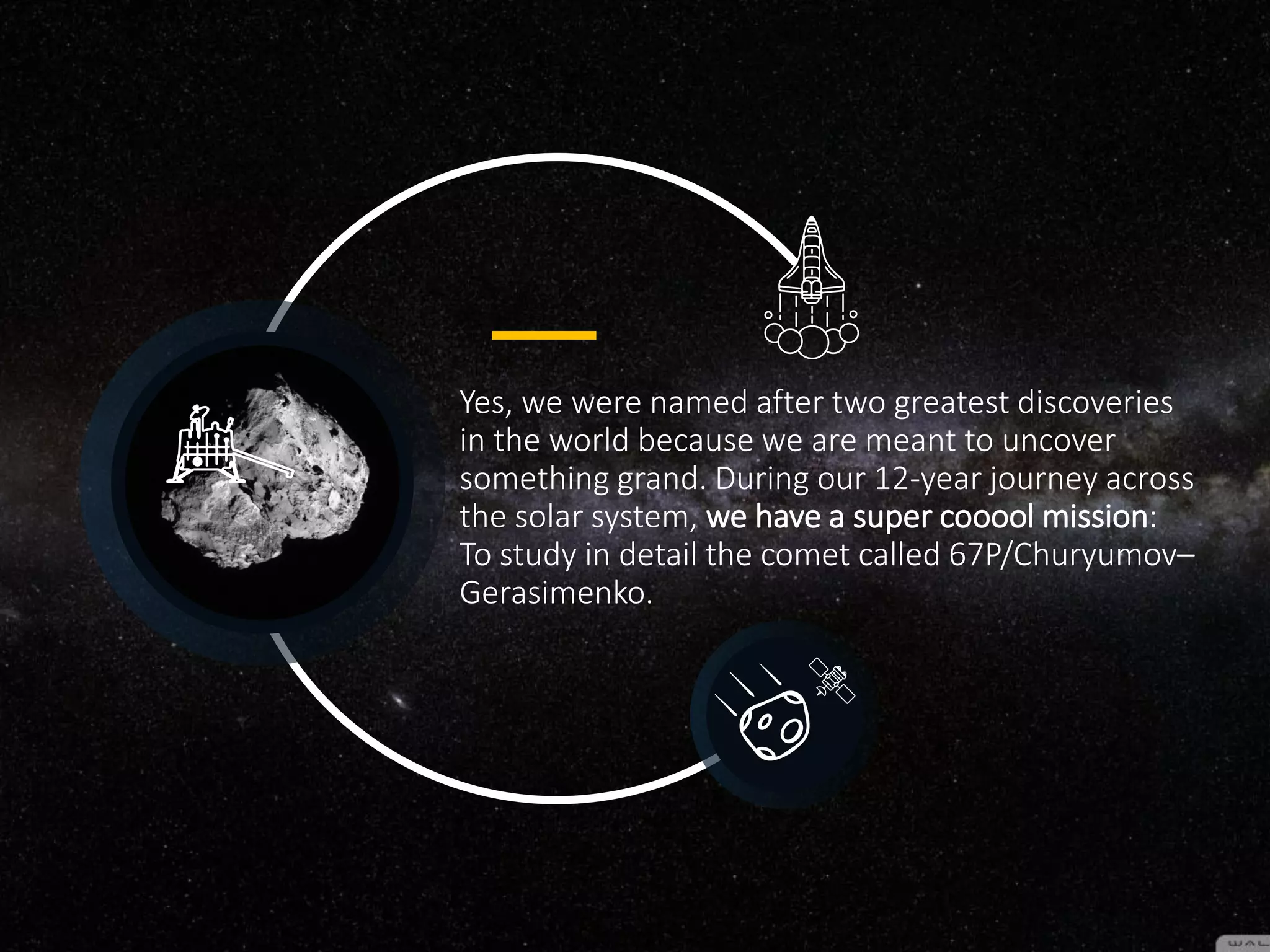 Yes, we were named after two greatest discoveries
in the world because we are meant to uncover
something grand. During our 12-year journey across
the solar system, we have a super cooool mission:
To study in detail the comet called 67P/Churyumov–
Gerasimenko.
 