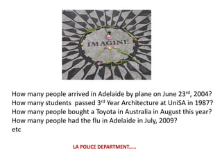 How many people arrived in Adelaide by plane on June 23rd, 2004?
How many students passed 3rd Year Architecture at UniSA in 1987?
How many people bought a Toyota in Australia in August this year?
How many people had the flu in Adelaide in July, 2009?
etc
LA POLICE DEPARTMENT.....
 