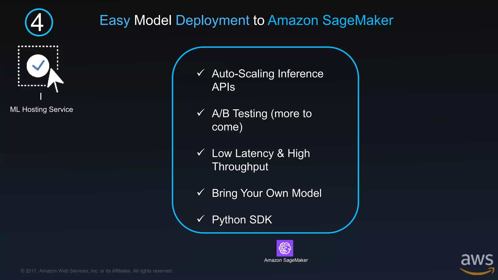 © 2017, Amazon Web Services, Inc. or its Affiliates. All rights reserved.
4
I
ML Hosting Service
 Auto-Scaling Inference
APIs
 A/B Testing (more to
come)
 Low Latency & High
Throughput
 Bring Your Own Model
 Python SDK
Amazon SageMaker
Easy Model Deployment to Amazon SageMaker
 