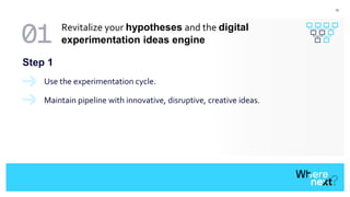 10
Step 1
Use the experimentation cycle.
Maintain pipeline with innovative, disruptive, creative ideas.
Revitalize your hypotheses and the digital
experimentation ideas engine
 