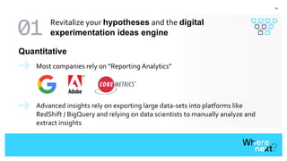 18
Most companies rely on “Reporting Analytics”
Quantitative
Revitalize your hypotheses and the digital
experimentation ideas engine
Advanced insights rely on exporting large data-sets into platforms like
RedShift / BigQuery and relying on data scientists to manually analyze and
extract insights
 