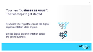 5
Your new ‘business as usual’:
The two steps to get started
Revitalize your hypotheses and the digital
experimentation ideas engine.
Embed digital experimentation across
the entire business.
 