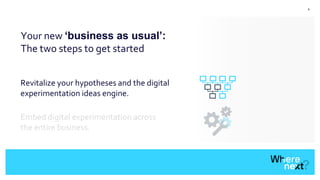 6
Your new ‘business as usual’:
The two steps to get started
Revitalize your hypotheses and the digital
experimentation ideas engine.
Embed digital experimentation across
the entire business.
 