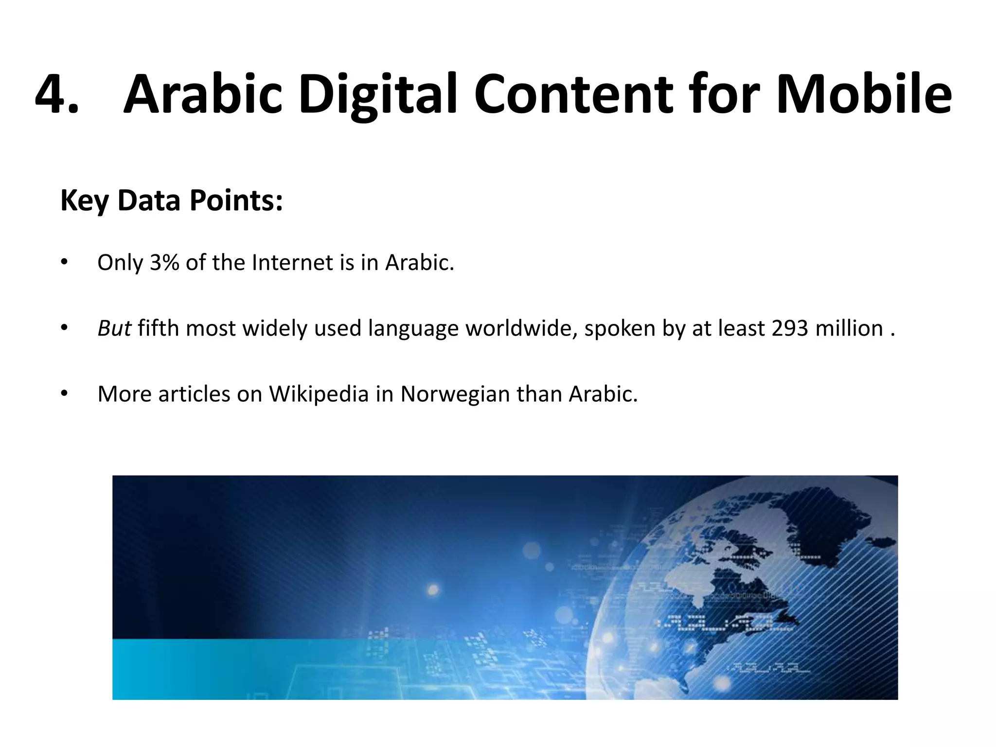 4. Arabic Digital Content for Mobile 
Key Data Points: 
• Only 3% of the Internet is in Arabic. 
• But fifth most widely used language worldwide, spoken by at least 293 million . 
• More articles on Wikipedia in Norwegian than Arabic. 
 