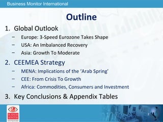 Outline Global Outlook Europe: 3-Speed Eurozone Takes Shape USA: An Imbalanced Recovery Asia: Growth To Moderate CEEMEA Strategy MENA: Implications of the ‘Arab Spring’ CEE: From Crisis To Growth Africa: Commodities, Consumers and Investment Key Conclusions & Appendix Tables 