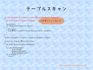 テーブルスキャン 
for (my $rownum= 0; $rownum < scalar(@$country_table); $rownum++) 
{ 
my $row= $country_table->[$rownum]; 
$evaluted++; 
if ($row->{continent} eq "Asia") 
{ 
$sorted++; 
push(@{$sort_buffer->{$row->{population}}}, $rownum); 
} 
} 
my $sorted_buffer= filesort_single_column($sort_buffer); 
foreach my $rownum (@$sorted_buffer) 
{ 
my $row= $country_table->[$rownum]; 
printf("%st%st%dn", 
$row->{name}, 
$row->{continent}, 
$row->{population}); 
if (++$count >= 5) 
{last;} 
} 
1行ずつフェッチして 
scan_where_scan_orderby.pl 
 