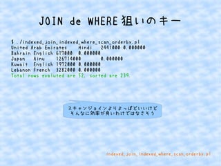 JOIN de WHERE狙いのキー 
$ ./indexed_join_indexed_where_scan_orderby.pl 
United Arab Emirates Hindi 2441000 0.000000 
Bahrain English 617000 0.000000 
Japan Ainu 126714000 0.000000 
Kuwait English 1972000 0.000000 
Lebanon French 3282000 0.000000 
Total rows evaluted are 52, sorted are 239. 
スキャンジョインよりよっぽどいいけど 
そんなに効率が良いわけではなさそう 
indexed_join_indexed_where_scan_orderby.pl 
 