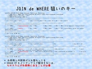 JOIN de WHERE狙いのキー 
mysql56> EXPLAIN SELECT Name, Language, Population, Percentage 
-> FROM Country INNER JOIN CountryLang...