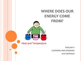 ENGLISH V
LISTENING AND SPEAKING
ALIX ARTEAGA
WHERE DOES OUR
ENERGY COME
FROM?
 