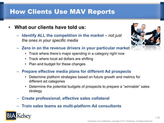 How Clients Use MAV Reports

• What our clients have told us:
   – Identify ALL the competition in the market – not just
     the ones in your specific media
   – Zero in on the revenue drivers in your particular market
       • Track where there’s major spending in a category right now
       • Track where local ad dollars are shifting
       • Plan and budget for these changes

   – Prepare effective media plans for different Ad prospects
       • Determine platform strategies based on future growth and metrics for
         different ad categories
       • Determine the potential budgets of prospects to prepare a “winnable” sales
         strategy

   – Create professional, effective sales collateral
   – Train sales teams as multi-platform Ad consultants

                                                                                                                               24
                                             Proprietary and Confidential. Copyright © 2011 BIA/Kelsey. All Rights Reserved.
 