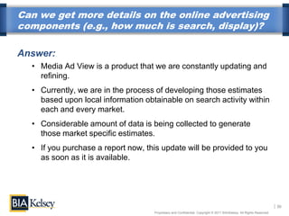 Can we get more details on the online advertising
components (e.g., how much is search, display)?

Answer:
  • Media Ad View is a product that we are constantly updating and
    refining.
  • Currently, we are in the process of developing those estimates
    based upon local information obtainable on search activity within
    each and every market.
  • Considerable amount of data is being collected to generate
    those market specific estimates.
  • If you purchase a report now, this update will be provided to you
    as soon as it is available.




                                                                                                                      30
                                    Proprietary and Confidential. Copyright © 2011 BIA/Kelsey. All Rights Reserved.
 