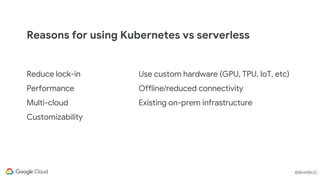 @BretMcG
@BretMcG
Reasons for using Kubernetes vs serverless
Reduce lock-in
Performance
Multi-cloud
Customizability
Use custom hardware (GPU, TPU, IoT, etc)
Offline/reduced connectivity
Existing on-prem infrastructure
 