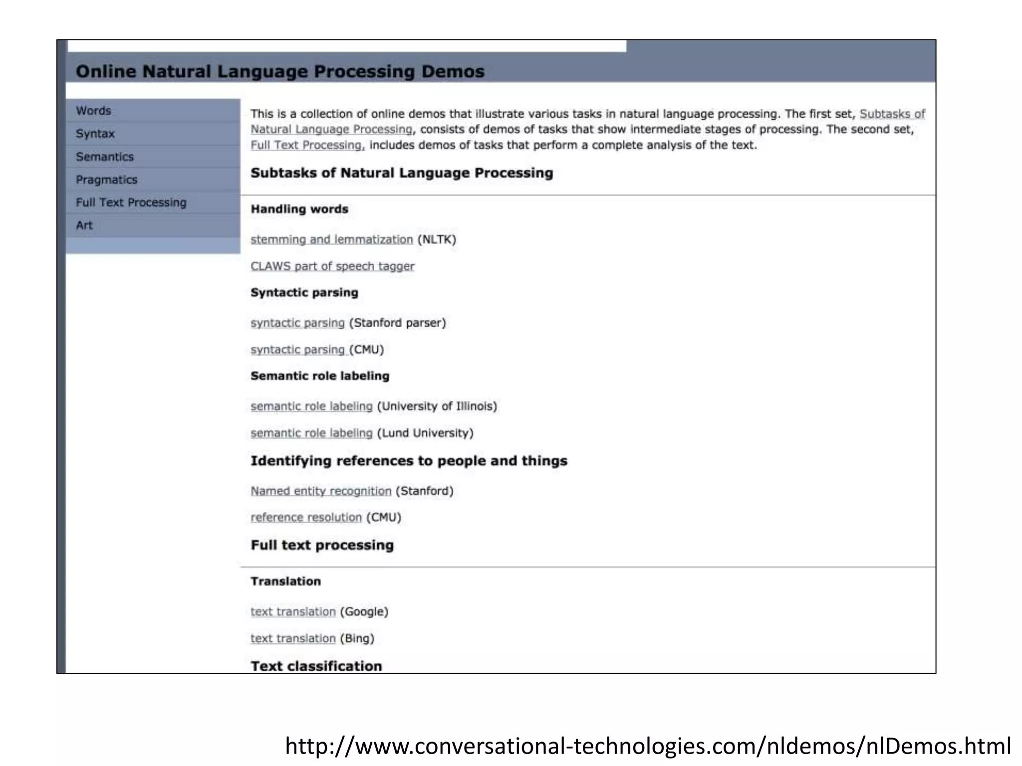 NLU Tasks
http://www.conversational-technologies.com/nldemos/nlDemos.html
 