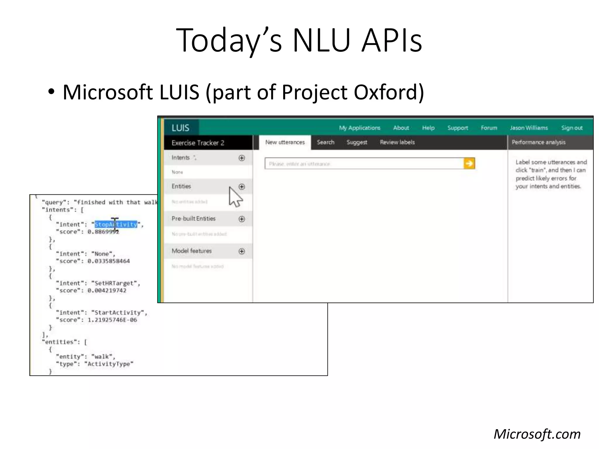 Today’s NLU APIs
• Microsoft LUIS (part of Project Oxford)
Microsoft.com
 